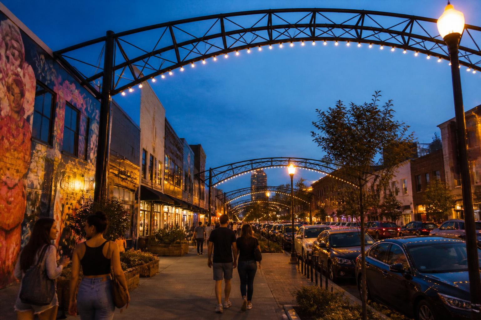 The lighted arches of the Short North arts district in Columbus, Ohio at dusk