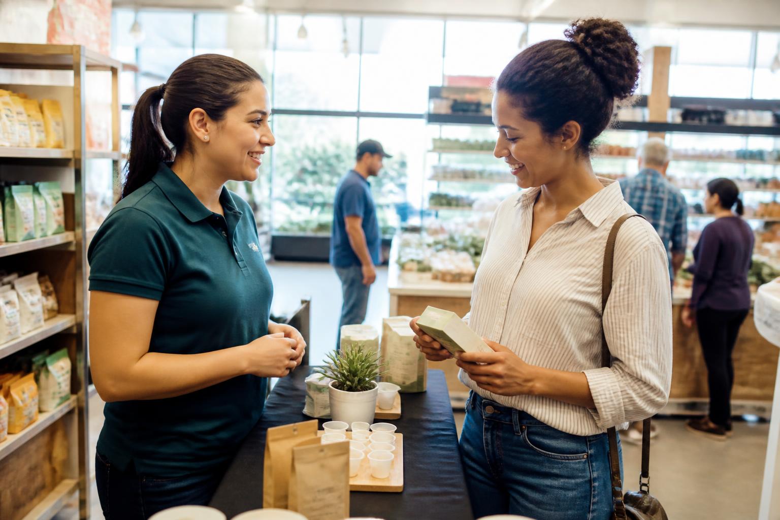 A Flow State brand representative in conversation with a shopper at a retail demonstration table